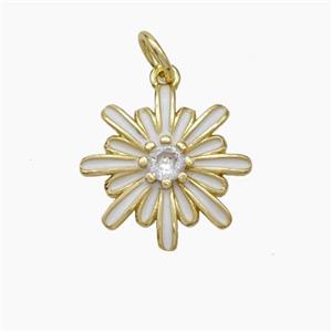 Copper Flower Pendant Pave Zirconia White Enamel Gold Plated, approx 15mm