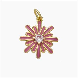 Copper Flower Pendant Pave Zirconia Pink Enamel Gold Plated, approx 15mm