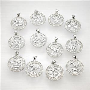 Copper Zodiac Pendant Circle Platinum Plated Mixed, approx 23mm