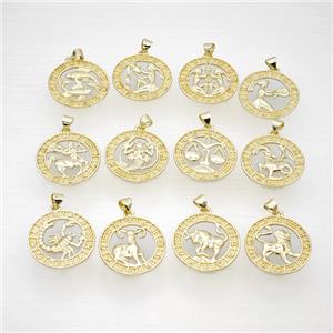 Copper Zodiac Pendant Circle Gold Plated Mixed, approx 23mm