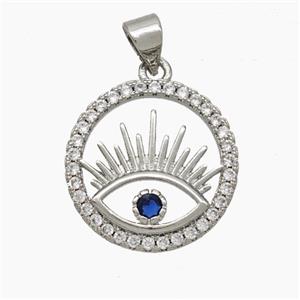 Copper Eye Pendant Pave Zirconia Circle Platinum Plated, approx 18mm