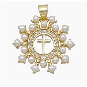 Copper Cross Pendant Pave Zirconia Pearlized Resin Gold Plated, approx 22mm