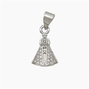 Catholic Crown Charms Copper Virgin Mary Pendant Pave Zirconia Platinum Plated, approx 9-12mm