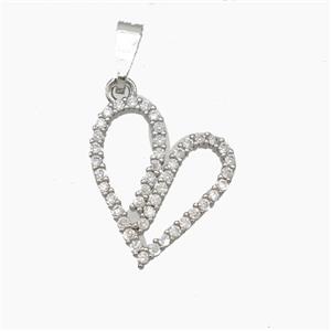 Copper Heart Pendant Pave Zirconia Platinum Plated, approx 15-18mm