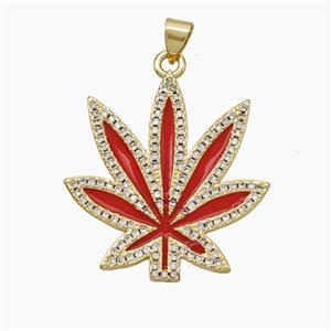 Copper Maple Leaf Pendant Pave Zirconia Red Enamel Gold Plated, approx 26-28mm