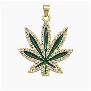 Copper Maple Leaf Pendant Pave Zirconia Green Enamel Gold Plated, approx 26-28mm