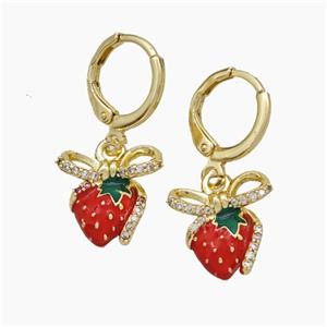 Copper Strawberry Hoop Earrings Pave Zirconia Red Enamel Gold Plated, approx 13mm, 12mm dia