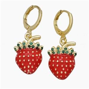 Copper Strawberry Hoop Earrings Pave Zirconia Red Enamel Gold Plated, approx 13-18mm, 12mm dia