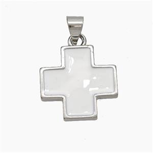 Copper Cross Pendant White Enamel Platinum Plated, approx 16mm