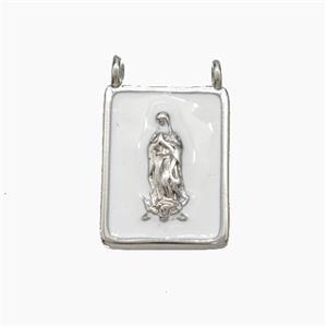 Jesus Charms Copper Rectangle Pendant White Enamel 2loops Platinum Plated, approx 12-15mm