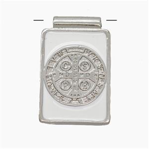 Copper Religious Medal Pendant CSPB Rectangle White Enamel Platinum Plated, approx 14-22mm