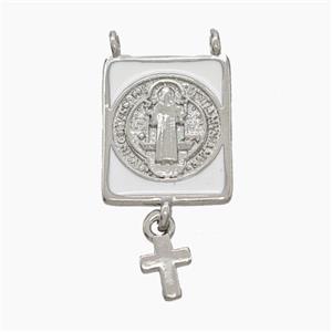 Copper Jesus Pendant White Enamel Rectangle Cross 2loops Platinum Plated, approx 12-15mm, 5-7mm