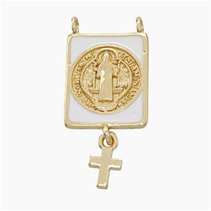 Copper Jesus Pendant White Enamel Rectangle Cross 2loops Gold Plated, approx 12-15mm, 5-7mm