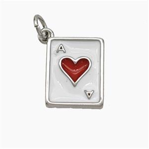 ACE of Heart Playing Card Copper Pendant White Red Enamel Platinum Plated, approx 11-13mm