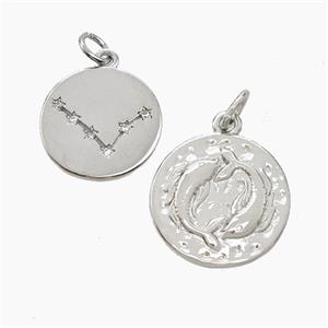 Copper Circle Pendant Pave Zirconia Zodiac Pisces Platinum Plated, approx 15mm