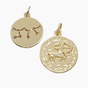 Copper Circle Pendant Pave Zirconia Zodiac Sagittarius Gold Plated, approx 15mm