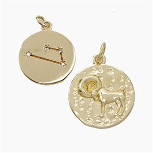 Copper Circle Pendant Pave Zirconia Zodiac Capricorn Gold Plated, approx 15mm