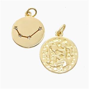 Copper Circle Pendant Pave Zirconia Zodiac Aquarius Gold Plated, approx 15mm