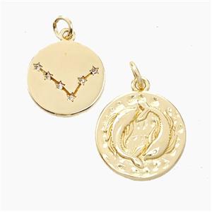 Copper Circle Pendant Pave Zirconia Zodiac Pisces Gold Plated, approx 15mm