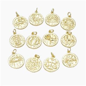 Copper Circle Pendant Pave Zirconia Zodiac Gold Plated Mixed, approx 15mm