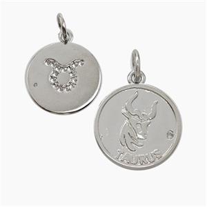 Zodiac Taurus Copper Circle Pendant Pave Zirconia Platinum Plated, approx 16mm