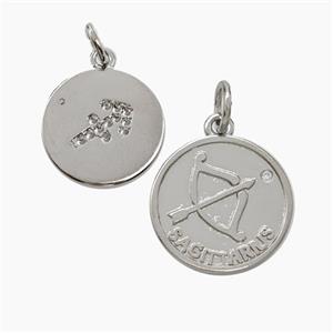 Zodiac Sagittarius Copper Circle Pendant Pave Zirconia Platinum Plated, approx 16mm