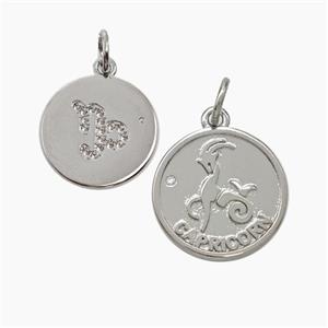 Zodiac Capricorn Copper Circle Pendant Pave Zirconia Platinum Plated, approx 16mm