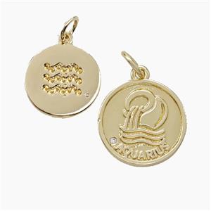 Zodiac Aquarius Copper Circle Pendant Pave Zirconia Gold Plated, approx 16mm