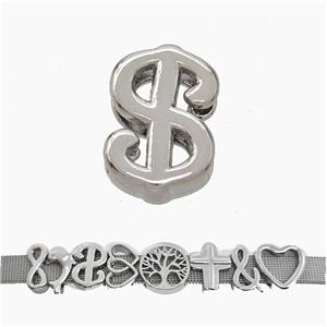 Copper Watchband Beads Dollar Sign Flat Hole Platinum Plated, approx 11-16mm, 3-11mm hole