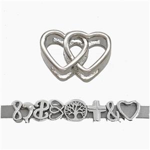 Copper Watchband Beads Double Heart Flat Hole Platinum Plated, approx 10-16mm, 3-11mm hole