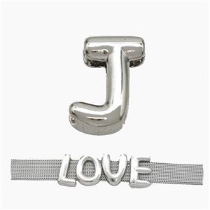 Copper Watchband Beads Letter-J Flat Hole Platinum Plated, approx 10-14mm, 3-11mm hole