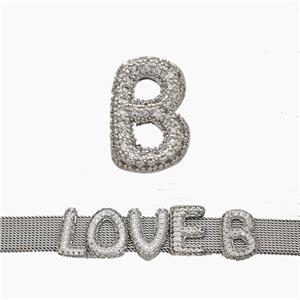 Copper Watchband Beads Pave Zirconia Letter-B Flat Hole Platinum Plated, approx 10-14mm, 2-10mm hole