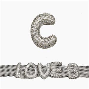 Copper Watchband Beads Pave Zirconia Letter-C Flat Hole Platinum Plated, approx 10-14mm, 2-10mm hole