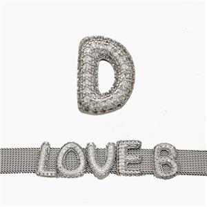 Copper Watchband Beads Pave Zirconia Letter-D Flat Hole Platinum Plated, approx 10-14mm, 2-10mm hole