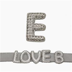 Copper Watchband Beads Pave Zirconia Letter-E Flat Hole Platinum Plated, approx 10-14mm, 2-10mm hole