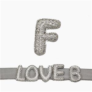 Copper Watchband Beads Pave Zirconia Letter-F Flat Hole Platinum Plated, approx 10-14mm, 2-10mm hole