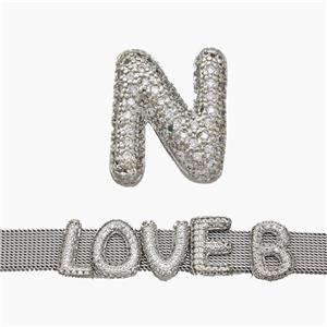 Copper Watchband Beads Pave Zirconia Letter-N Flat Hole Platinum Plated, approx 10-14mm, 2-10mm hole