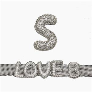 Copper Watchband Beads Pave Zirconia Letter-S Flat Hole Platinum Plated, approx 10-14mm, 2-10mm hole