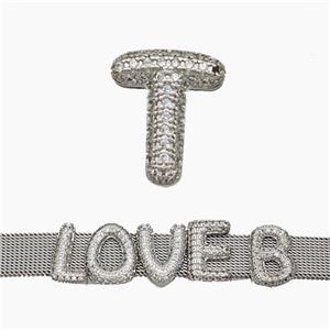 Copper Watchband Beads Pave Zirconia Letter-T Flat Hole Platinum Plated, approx 10-14mm, 2-10mm hole