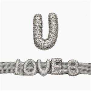 Copper Watchband Beads Pave Zirconia Letter-U Flat Hole Platinum Plated, approx 10-14mm, 2-10mm hole