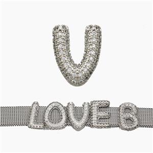 Copper Watchband Beads Pave Zirconia Letter-V Flat Hole Platinum Plated, approx 10-14mm, 2-10mm hole