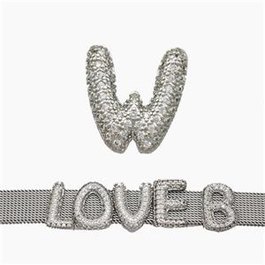 Copper Watchband Beads Pave Zirconia Letter-W Flat Hole Platinum Plated, approx 10-14mm, 2-10mm hole