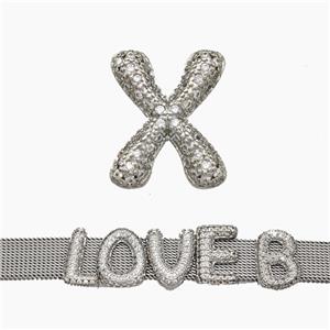 Copper Watchband Beads Pave Zirconia Letter-X Flat Hole Platinum Plated, approx 10-14mm, 2-10mm hole