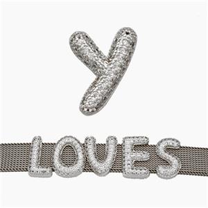 Copper Watchband Beads Pave Zirconia Letter-Y Flat Hole Platinum Plated, approx 10-14mm, 2-10mm hole