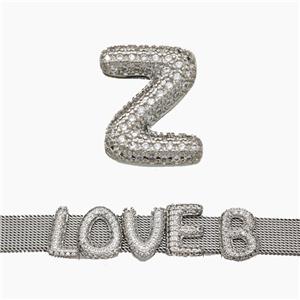 Copper Watchband Beads Pave Zirconia Letter-Z Flat Hole Platinum Plated, approx 10-14mm, 2-10mm hole