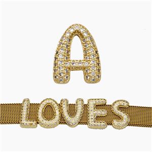 Copper Watchband Beads Pave Zirconia Letter-A Flat Hole Gold Plated, approx 10-14mm, 2-10mm hole