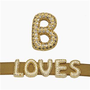 Copper Watchband Beads Pave Zirconia Letter-B Flat Hole Gold Plated, approx 10-14mm, 2-10mm hole