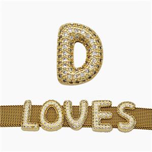 Copper Watchband Beads Pave Zirconia Letter-D Flat Hole Gold Plated, approx 10-14mm, 2-10mm hole