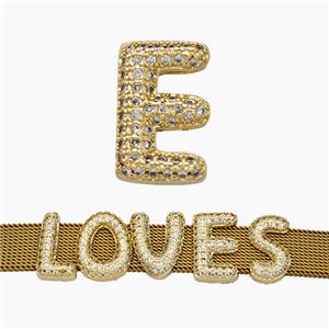 Copper Watchband Beads Pave Zirconia Letter-E Flat Hole Gold Plated, approx 10-14mm, 2-10mm hole