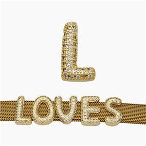 Copper Watchband Beads Pave Zirconia Letter-L Flat Hole Gold Plated, approx 10-14mm, 2-10mm hole